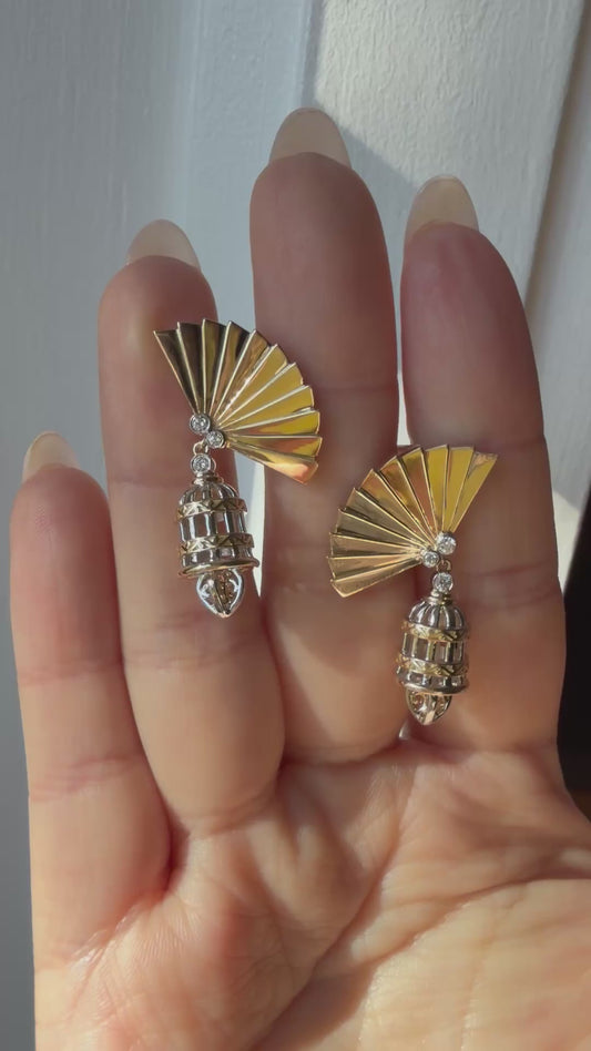 Art Deco Fan Drop Earrings, 14K or 18K Gold and Moissanite