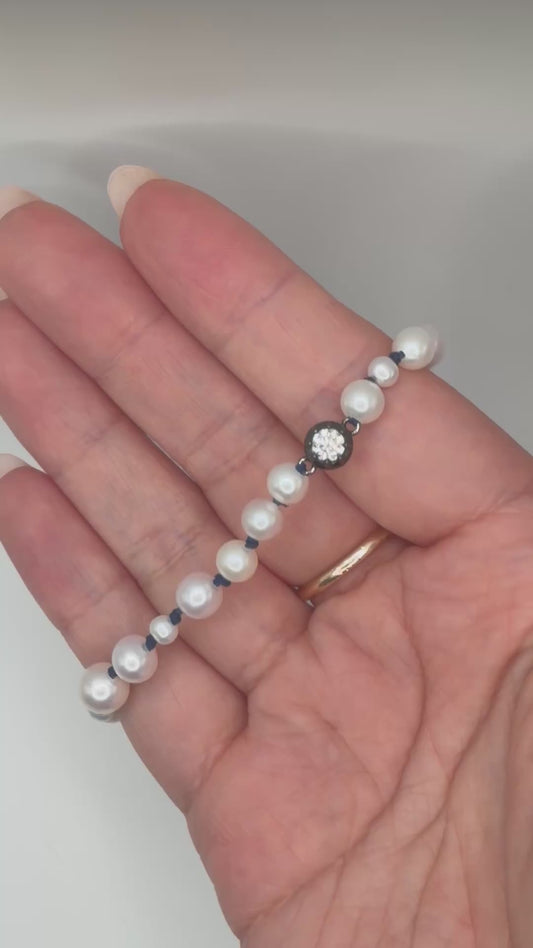 Graduated Freshwater Pearl Bracelet with Georgian Set Lab Diamond on Silk Cord