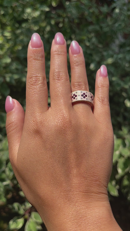 Silk Engraved Ring with Lab Rubies and Moissanites, 14K Gold