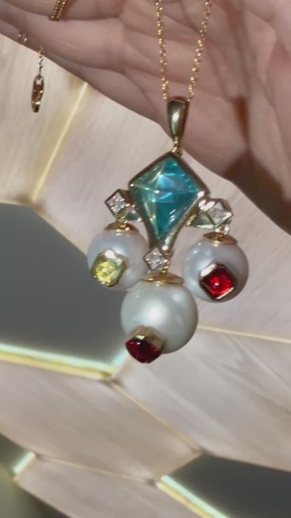 Art Deco Geometric Pearl and Multi-Gemstone Cabochon, 9K Gold