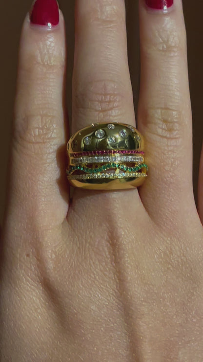 Plated Hamburger or Veggie Burger Ring, 18K Yellow Gold, Ready to Ship