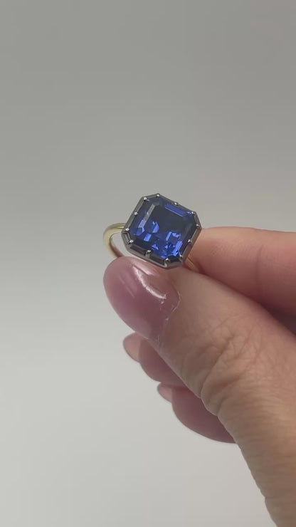 Georgian Victorian Asscher Cut Sapphire Gold Button Back Collet Ring