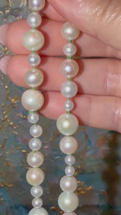 Graduated Freshwater Pearl Necklace with Georgian Set Lab Diamond on Silk Cord, 14K Gold, Ready to Ship