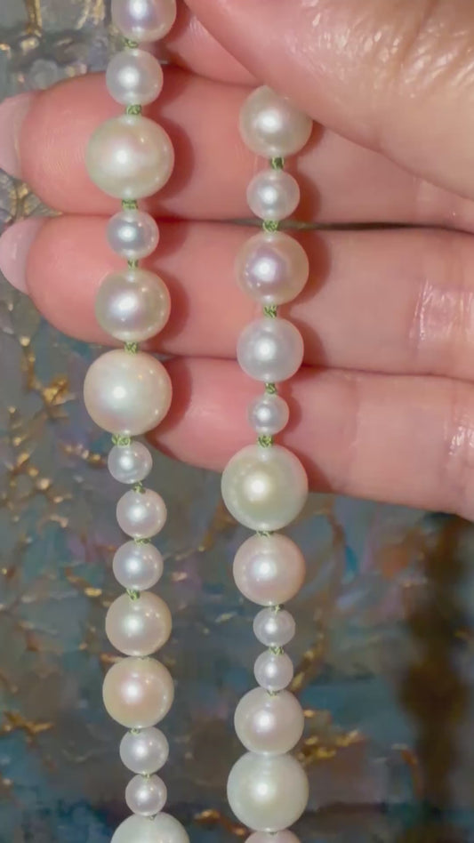Graduated Freshwater Pearl Necklace with Georgian Set Lab Diamond on Silk Cord, 14K Gold, Ready to Ship