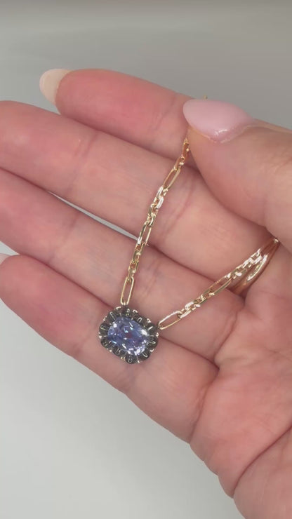 Lab Sapphire Gold Trombone Chain Necklace, 18K Gold