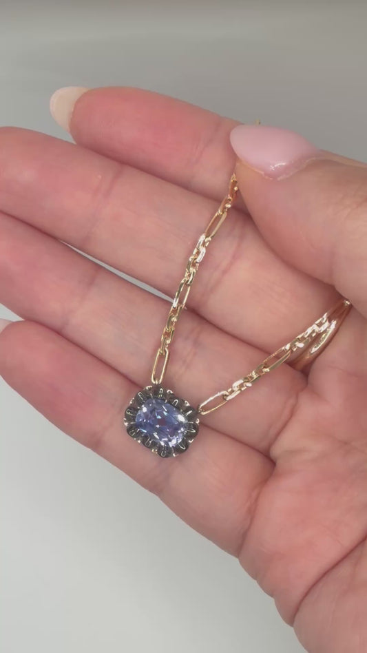 Lab Sapphire Gold Trombone Chain Necklace, 18K Gold