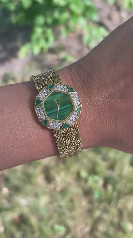 Vintage Audemars Piguet Ladies Watch Gold Malachite Diamond 1970s Manual Wind Luxury Swiss, 18K Gold, Ready to Ship