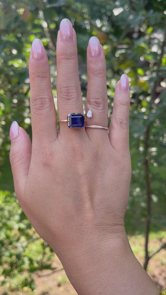 Georgian Victorian Emerald Cut Blue Sapphire Button Back Collet Ring