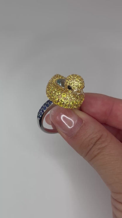 Aquamarine with Blue Sapphires Large Duckie Ring, 18K Gold