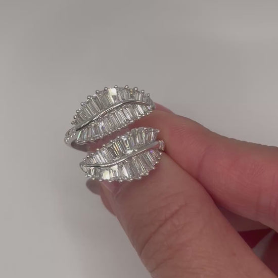 Double Palm Leaf Ring with 2.6 CT Baguette Lab Diamonds in 14K or 18K White Gold, video 2