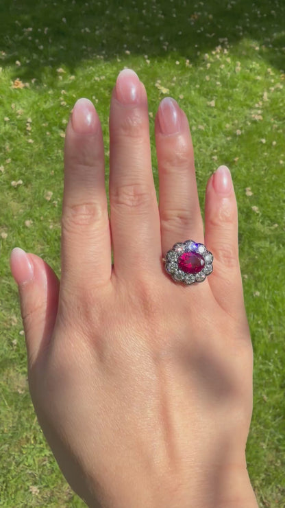 Lab Ruby and Diamond Cluster Ring in Georgian Collet Setting