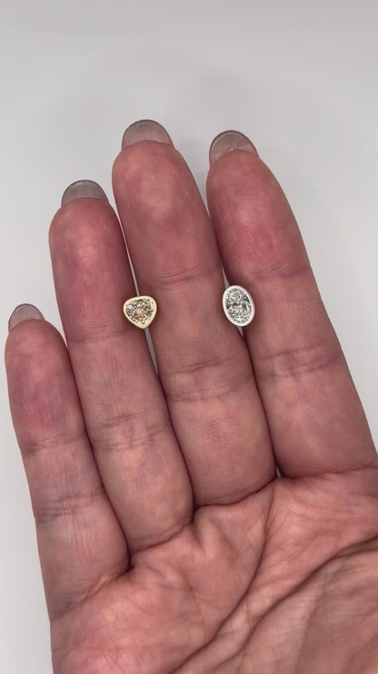 Mismatched Champagne Heart and White Oval Lab Diamond Bezel Studs in 14K or 18K Matte Gold