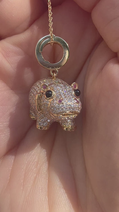 Baby Hippo Locket Pendant, Yellow Gold
