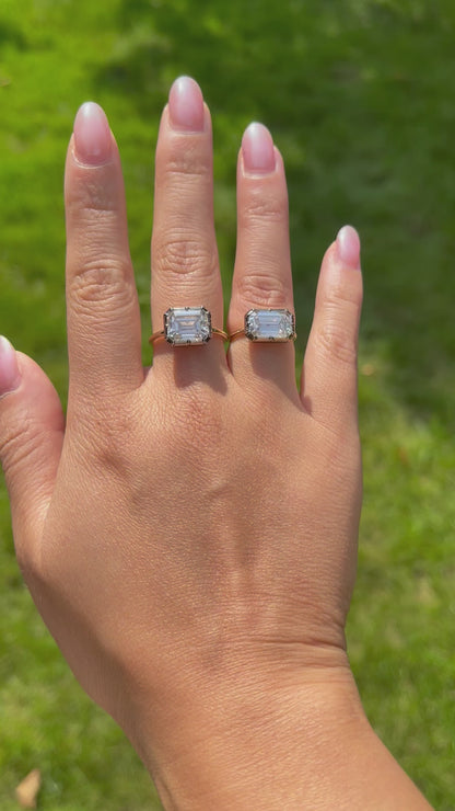 Georgian Victorian Elongated Emerald Cut Moissanite Button Back Collet Ring