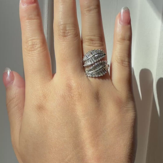 Double Palm Leaf Ring with 2.6 CT Baguette Lab Diamonds in 14K or 18K White Gold, video