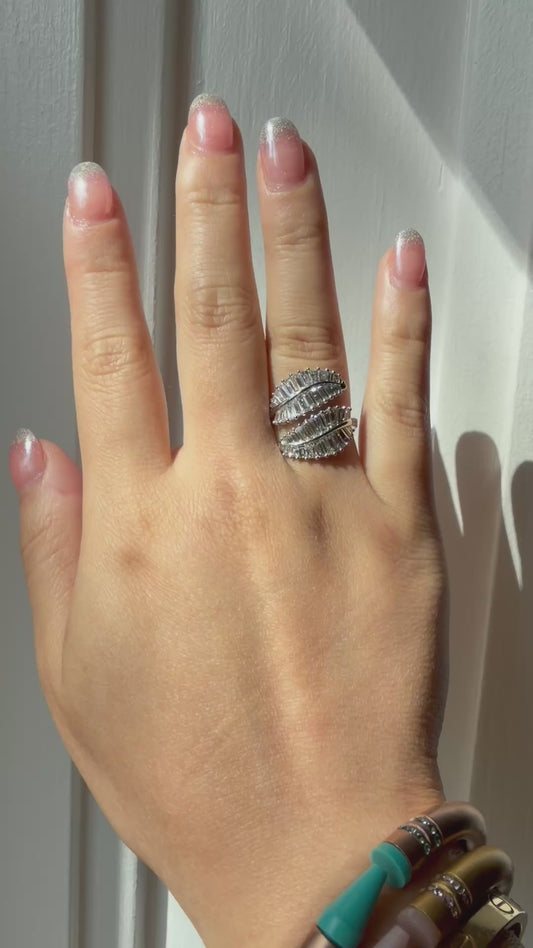 Double Palm Leaf Ring with 2.6 CT Baguette Lab Diamonds in 14K or 18K White Gold, video
