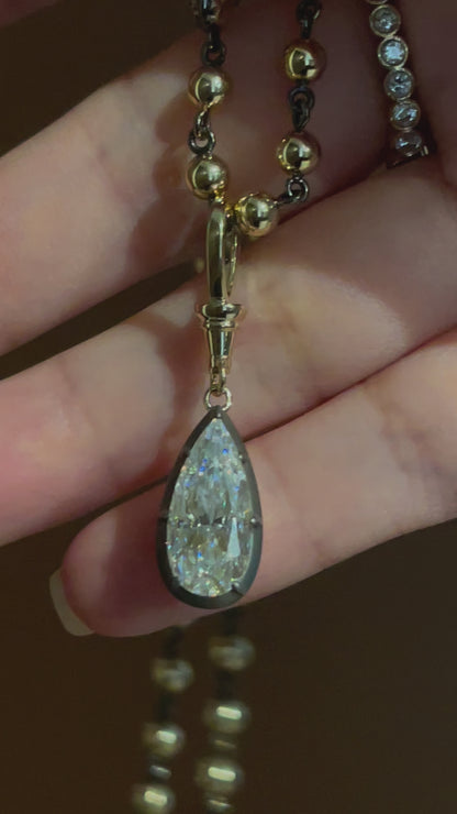 Georgian Victorian Ball Chain Elongated Pear Moissanite or Diamond Pendant, 14K Gold