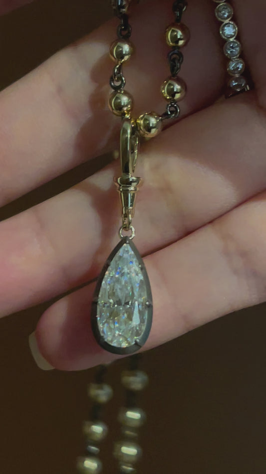 Georgian Victorian Ball Chain Elongated Pear Moissanite or Diamond Pendant, 14K Gold