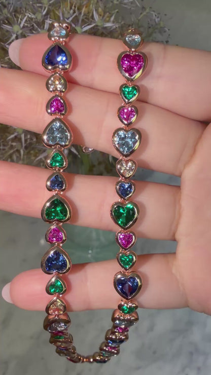 Rainbow Heart Tennis Necklace in 18K Gold Filled or 14K/18K Solid Gold
