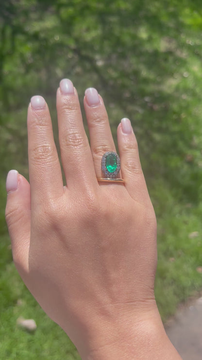 Oval Columbian Emerald Donut Ring with Pave Lab Diamonds, 18K Gold