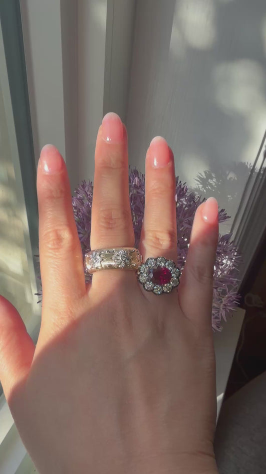 Lab Ruby and Diamond Cluster Ring in Georgian Collet Setting