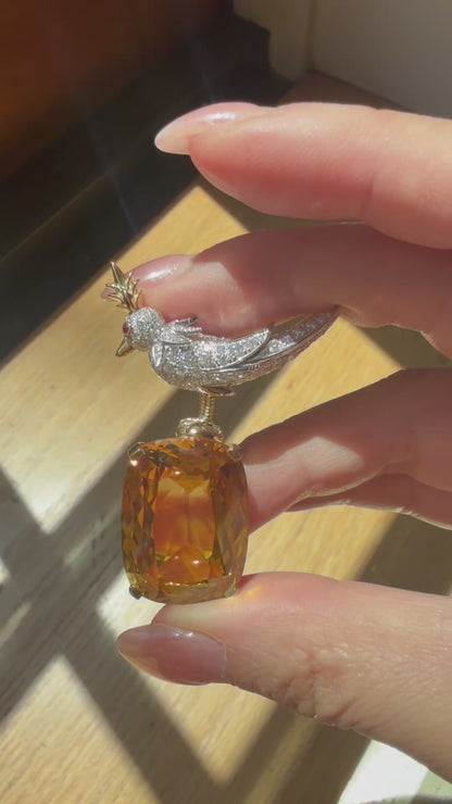 Bird Brooch with Elongated Cushion Citrine and Moissanites, 18K Gold Filled