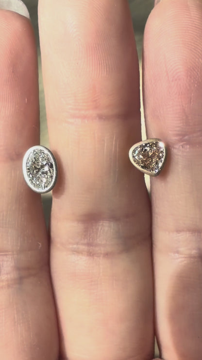 Mismatched Champagne Heart and White Oval Lab Diamond Bezel Studs in 14K or 18K Matte Gold