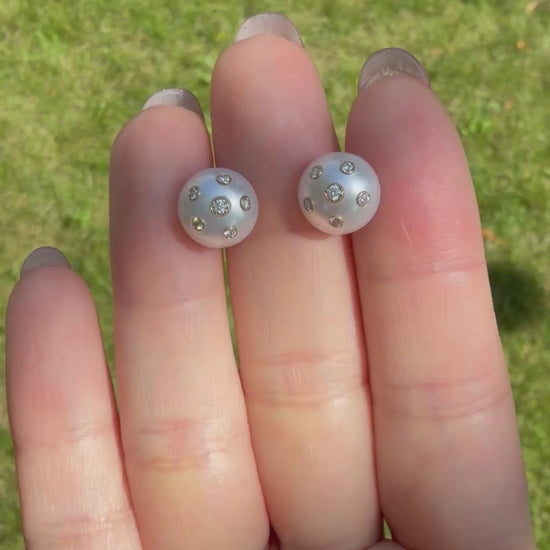 Freshwater Pearl Stud Earrings with Embedded Lab Diamonds in 14K or 18K Gold, video