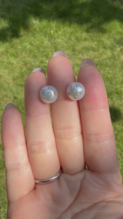 Freshwater Pearl Stud Earrings with Embedded Lab Diamonds in 14K or 18K Gold, video