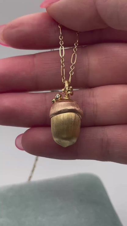 Diamond Acorn Pendant, 18K Gold