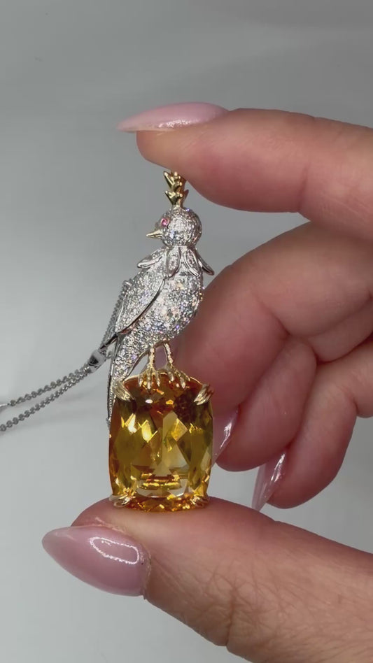 Bird Necklace with 18 CT Elongated Cushion Lab Citrine and Moissanites, 18K Solid Gold and Platinum