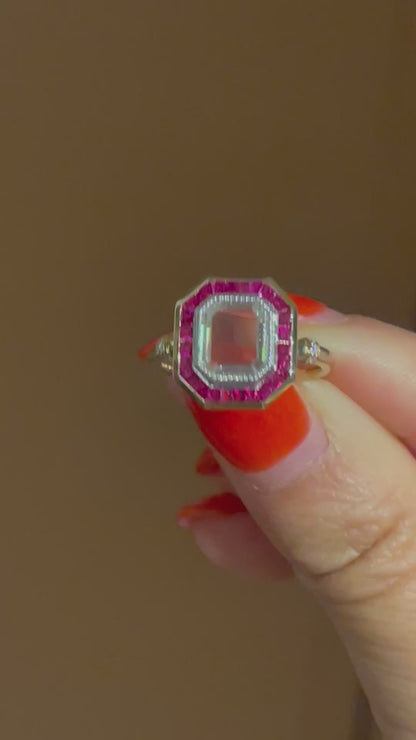 Portrait Cut Moissanite or Diamond Art Deco Ring with Caliber Cut Lab Grown Rubies, 14K Yellow Gold, Ready to Ship