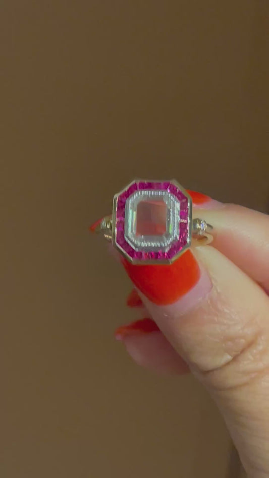 Portrait Cut Moissanite or Diamond Art Deco Ring with Caliber Cut Lab Grown Rubies, 14K Yellow Gold, Ready to Ship