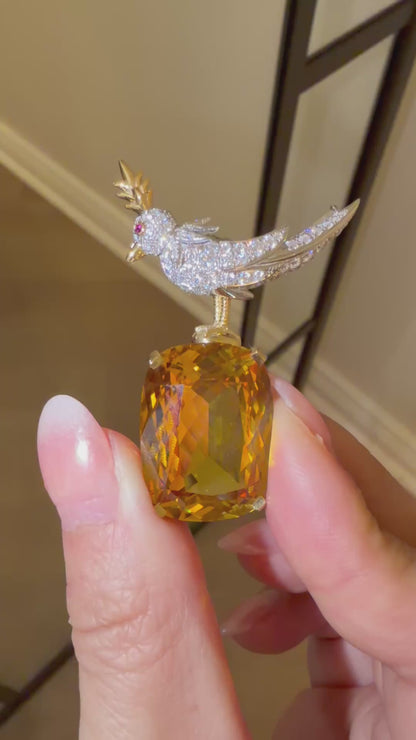 Bird Brooch with Elongated Cushion Citrine and Moissanites, 18K Gold Filled