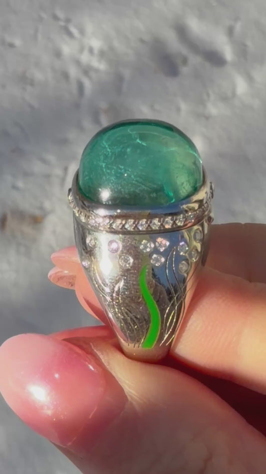 Aquamarine Cabochon Ring with Hidden Opening Starfish, Ready to Ship