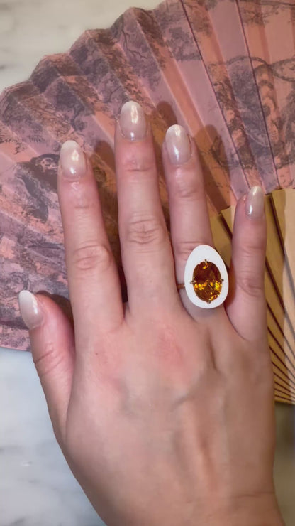 Natural Citrine Porcelain Egg Ring, 14K Gold