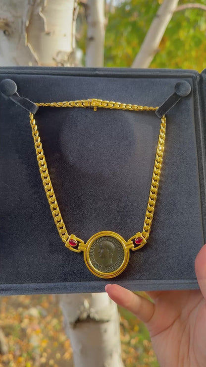 Ancient Roman Silver Coin Statement Necklace with Lab Grown Cabochon Rubies and Moissanite, Ready to Ship
