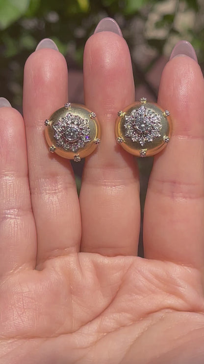 Round Engraved Gold Button Silk Diamond Earrings, 18K Gold