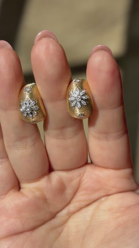 Rigatto, Gold Engraved Snowflake Diamond Earrings, 18K Gold