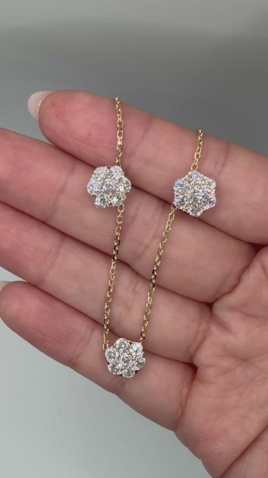 Five Flower Station Necklace with 3.7 CT Lab Diamonds, 18K Yellow Gold