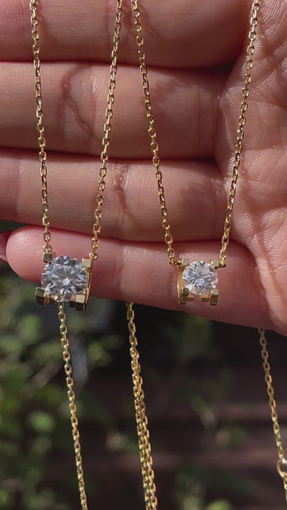 Round Lab Diamond or Moissanite Floating Necklace, 18K Gold