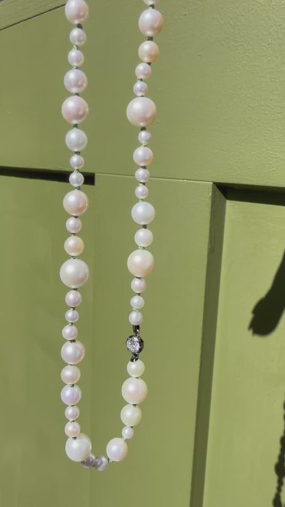Graduated Freshwater Pearl Necklace with Georgian Set Lab Diamond on Silk Cord, 14K Gold, Ready to Ship