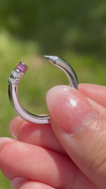 Platinum Pencil Ring With Baguette Moissanites and Pink Lab Rubies, Ready to Ship