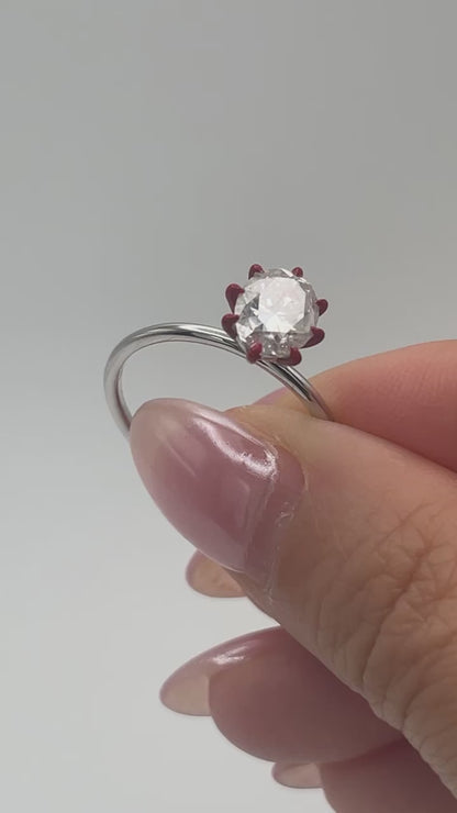 Oval Moissanite Ring with Red Enameled Claw Prongs in Red Gold - Unique Engagement Ring, 14K Gold