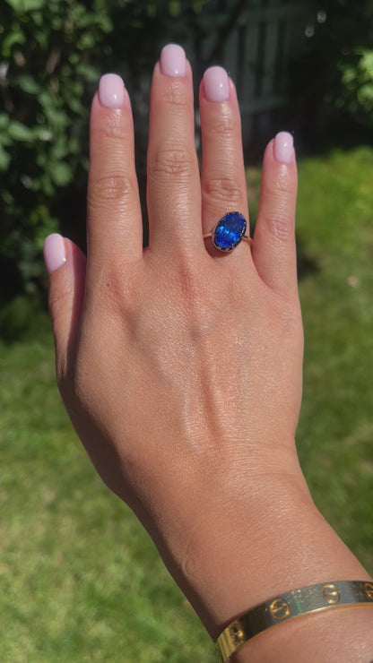 Georgian Victorian Oval Blue Sapphire Button Back Collet Ring