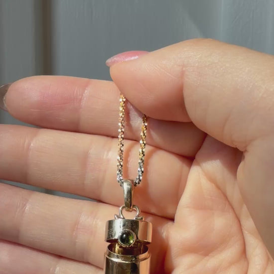 Vintage Style Pill Box Pendant Necklace with Green Tourmaline in 14K or 18K Gold, video 2