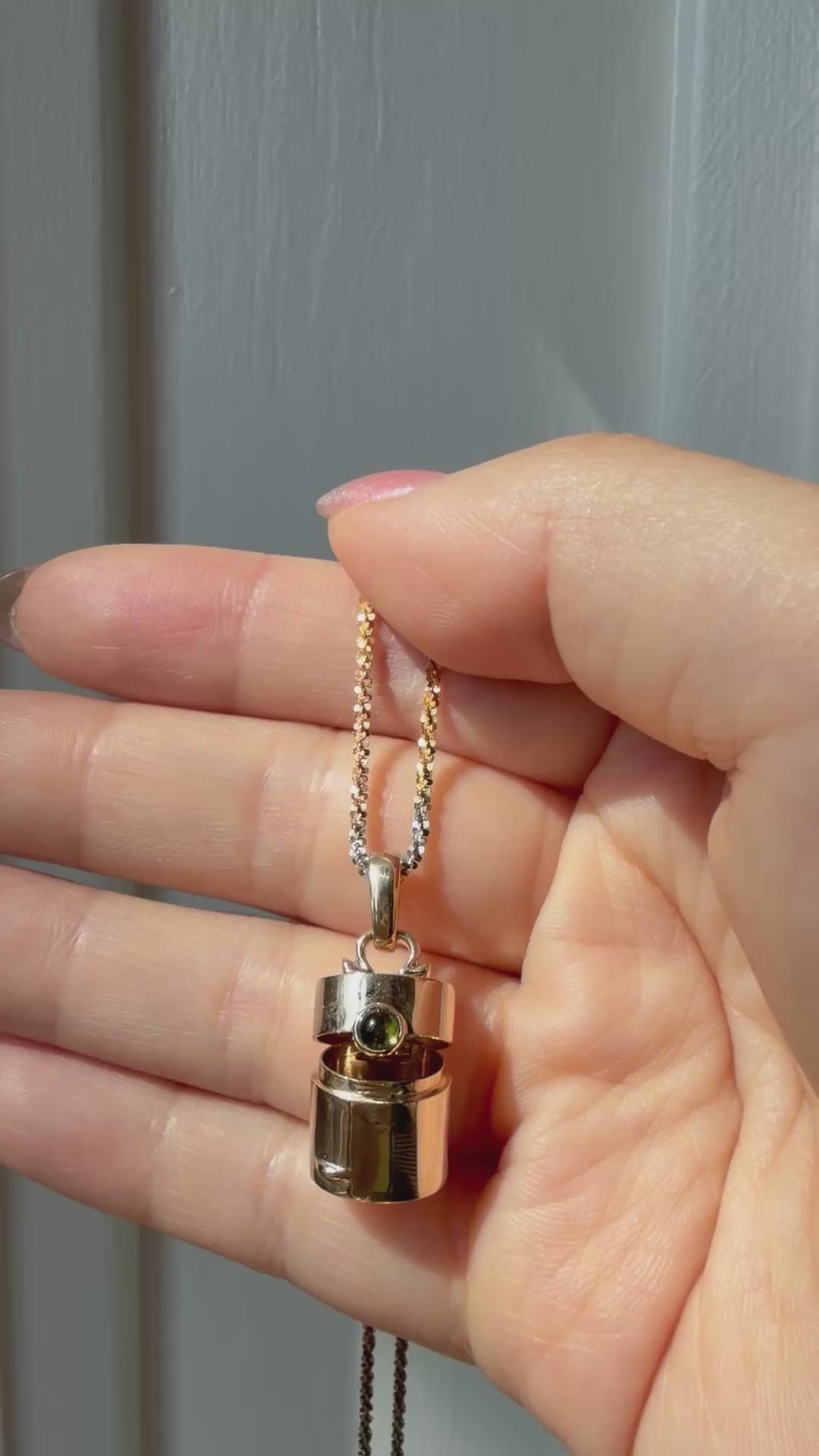 Vintage Style Pill Box Pendant Necklace with Green Tourmaline in 14K or 18K Gold, video 2