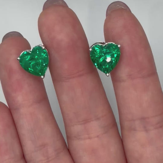Heart Shaped Lab Grown Emerald Stud Earrings, 5.5 CT Total, 14K or 18K Gold, video