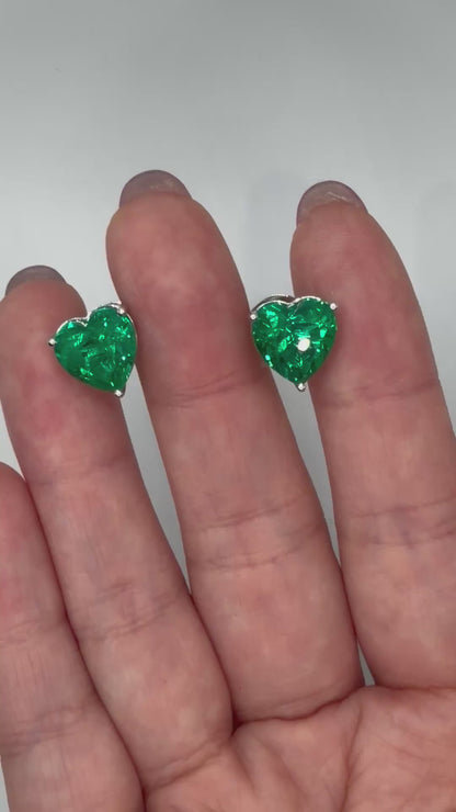 Heart Shaped Lab Grown Emerald Stud Earrings, 5.5 CT Total, 14K or 18K Gold, video