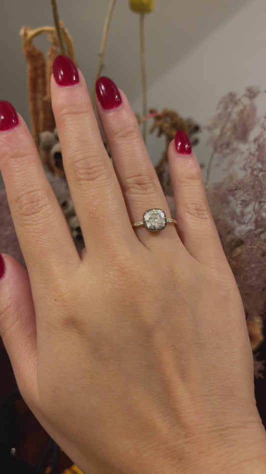 Cushion Cut Georgian Victorian Moissanite Ring with Pavé Accents, 14K White Gold